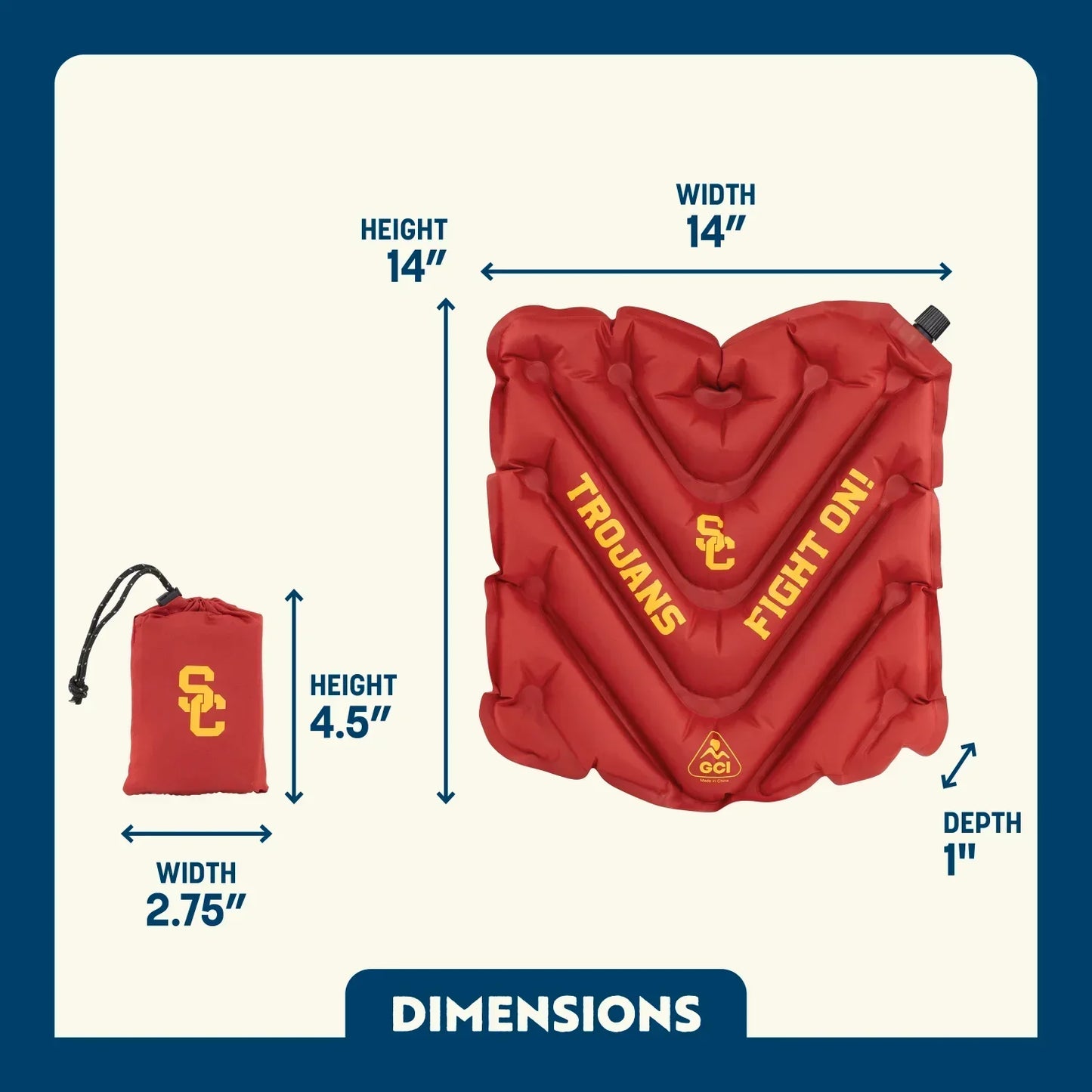 Compact Cushion College V Seat Inflatable Stadium Cushion - USC Trojans - Choice 523 - Grandstand Cushion Seat with Secure Under-Bench Hooks Detail