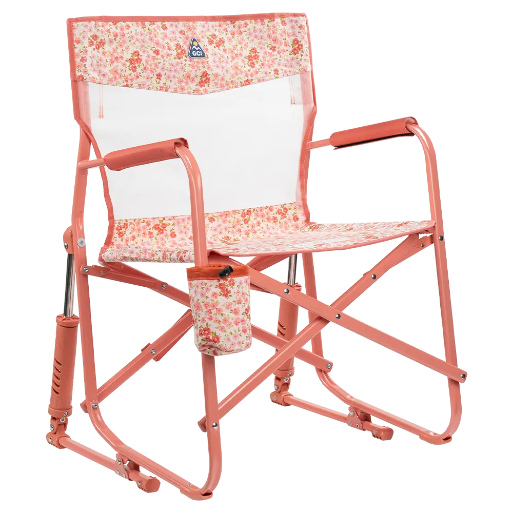 Luxury Camp Freestyle Rocker Elite - Choice 460 - Heavy-Duty Kickback Rocker with Beverage Holder - Pink Sundress