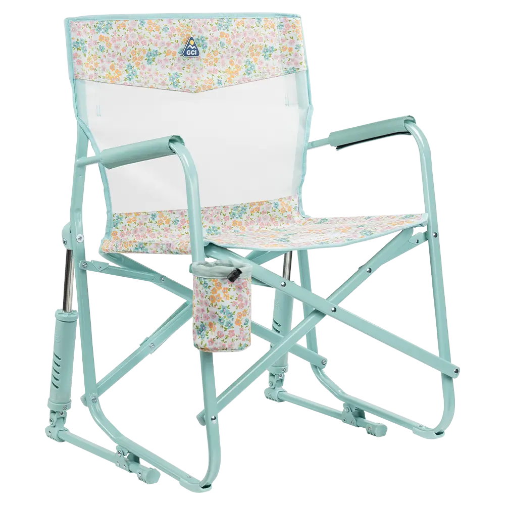 Luxury Camp Freestyle Rocker Elite - Choice 460 - Heavy-Duty Kickback Rocker with Beverage Holder - Teal Sundress