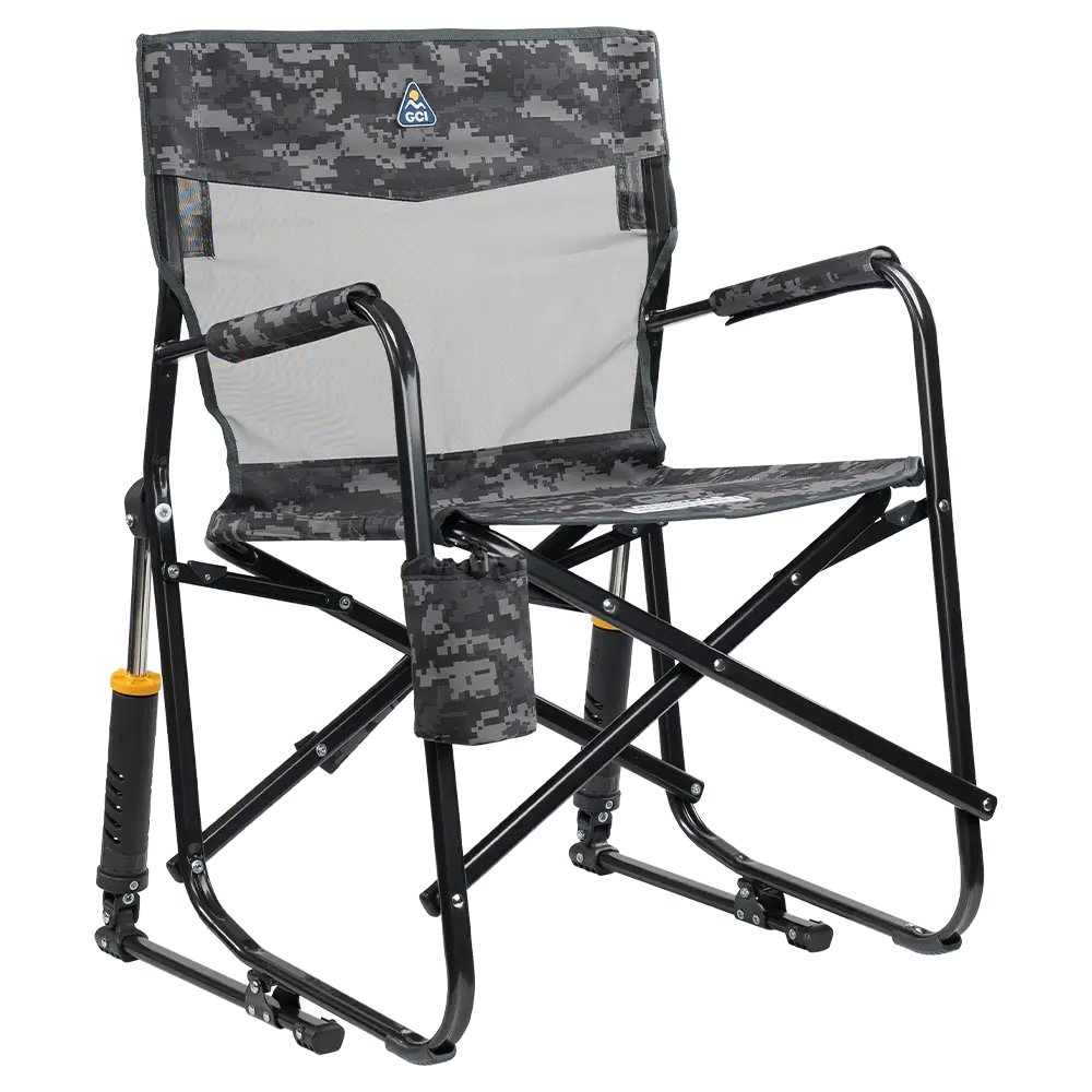 Luxury Camp Freestyle Rocker Elite - Choice 460 - Heavy-Duty Kickback Rocker with Beverage Holder - Cool Gray Camo