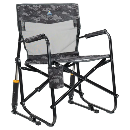 Luxury Camp Freestyle Rocker Elite - Choice 460 - Heavy-Duty Kickback Rocker with Beverage Holder - Cool Gray Camo