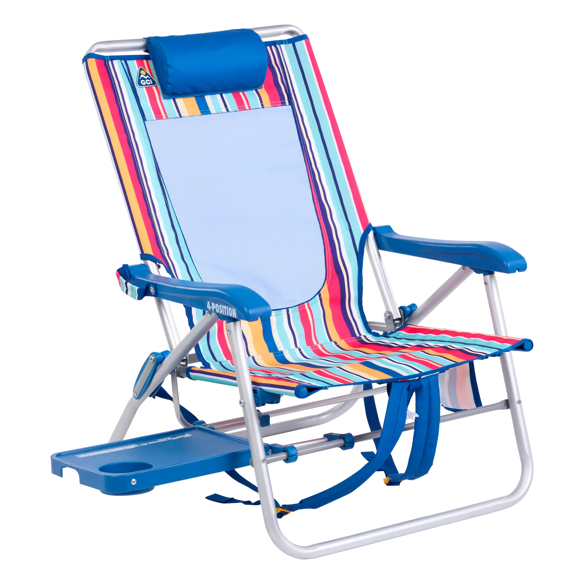 Backpack Travel Big Surf with Slide Table - Choice 334 - Low-Profile Reclining Beach Chair with Backpack Straps - Multi Stripe