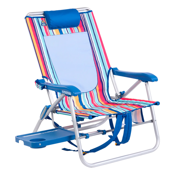 Backpack Travel Big Surf with Slide Table - Choice 334 - Low-Profile Reclining Beach Chair with Backpack Straps - Multi Stripe