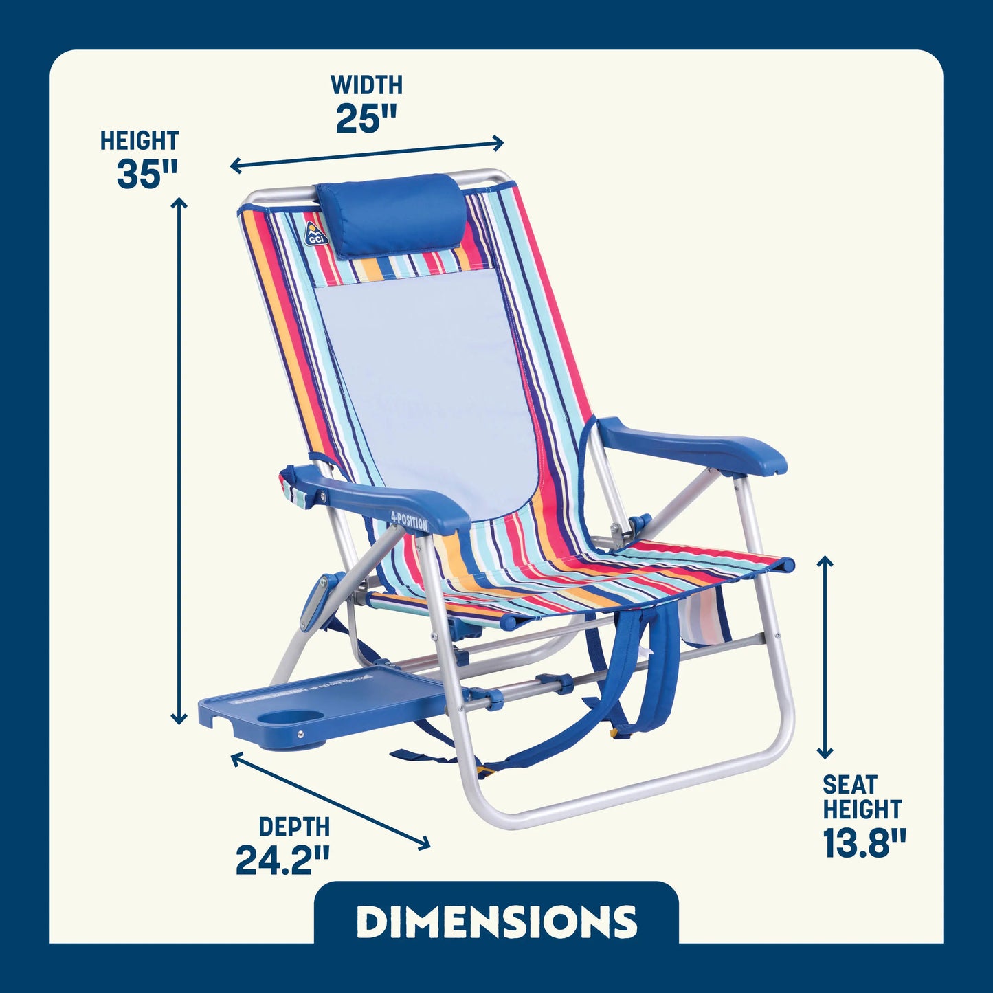 Backpack Travel Big Surf with Slide Table - Choice 334 - Low-Profile Reclining Beach Chair with Backpack Straps Detail