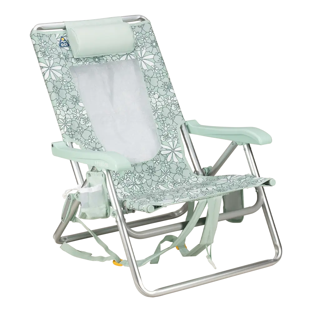 Low-Profile Backpack Beach Chair - Choice 709 - Rust-Resistant Aluminum Sand-Friendly Lounge Chair - Floral Pastel Green