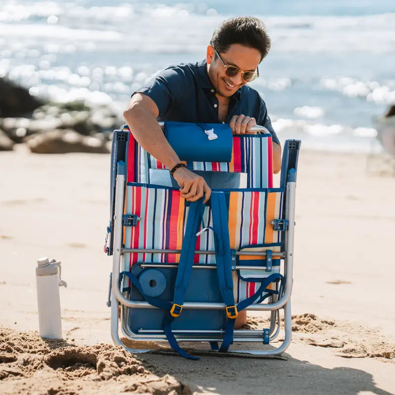 Backpack Travel Big Surf with Slide Table - Choice 334 - Low-Profile Reclining Beach Chair with Backpack Straps Detail