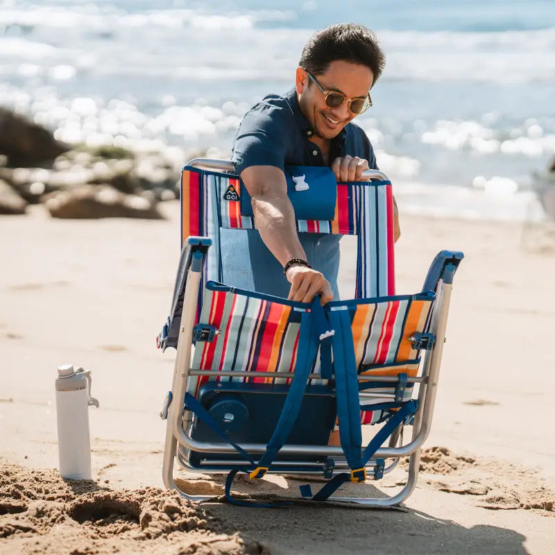 Backpack Travel Big Surf with Slide Table - Choice 334 - Low-Profile Reclining Beach Chair with Backpack Straps Detail