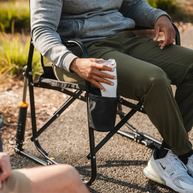 Luxury Camp Freestyle Rocker Elite - Choice 460 - Heavy-Duty Kickback Rocker with Beverage Holder Detail