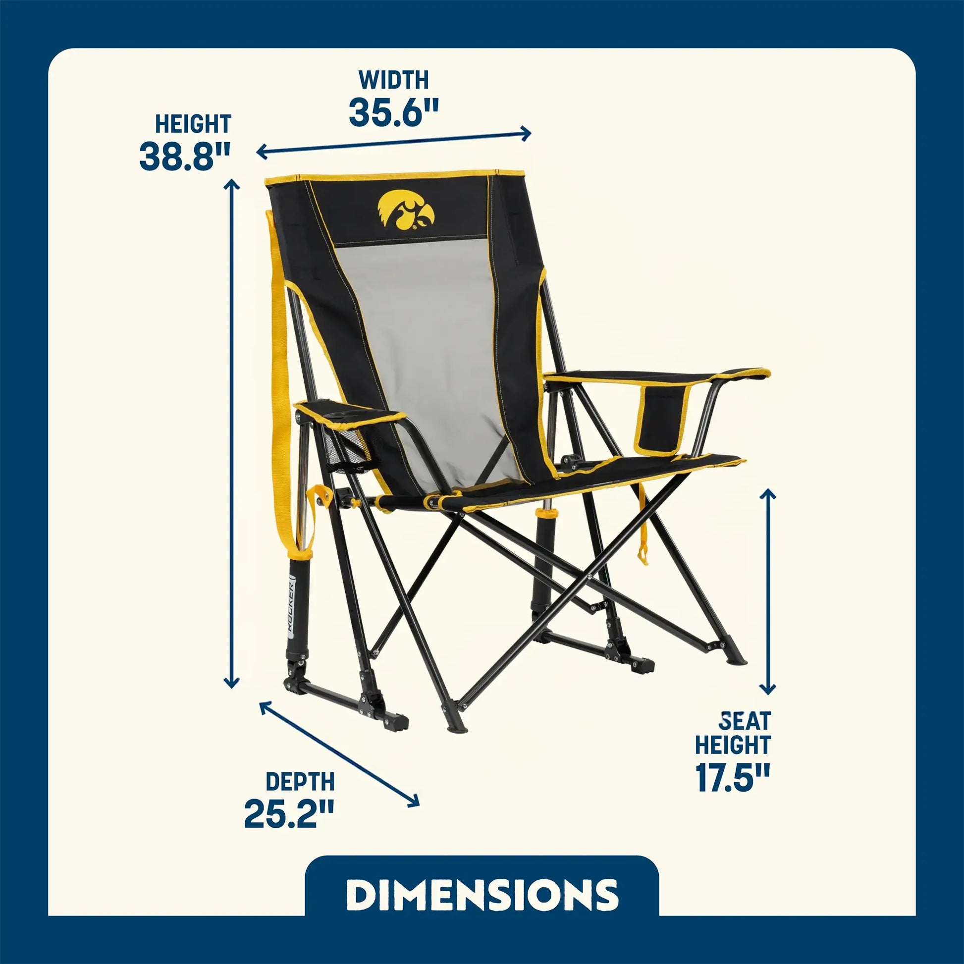 Luxury Camp College Comfort Pro Rocker - Iowa Hawkeyes - Choice 249 - Patented Spring-Action Rocking Chair for Camping Detail