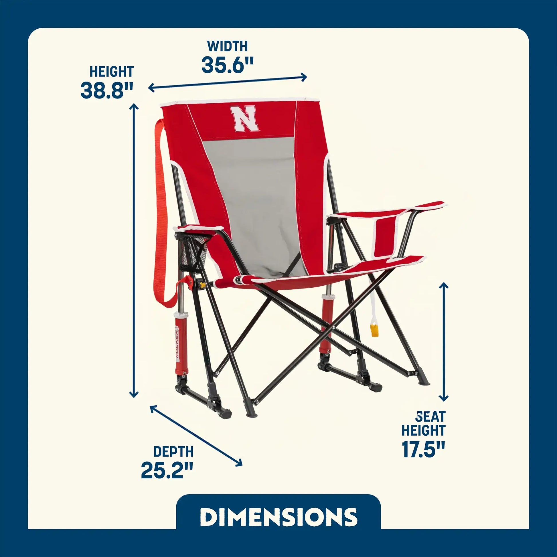 Luxury Camp College Comfort Pro Rocker - Nebraska Cornhuskers - Choice 161 - RoadTrip Rocker Smooth Motion Camp Chair Detail