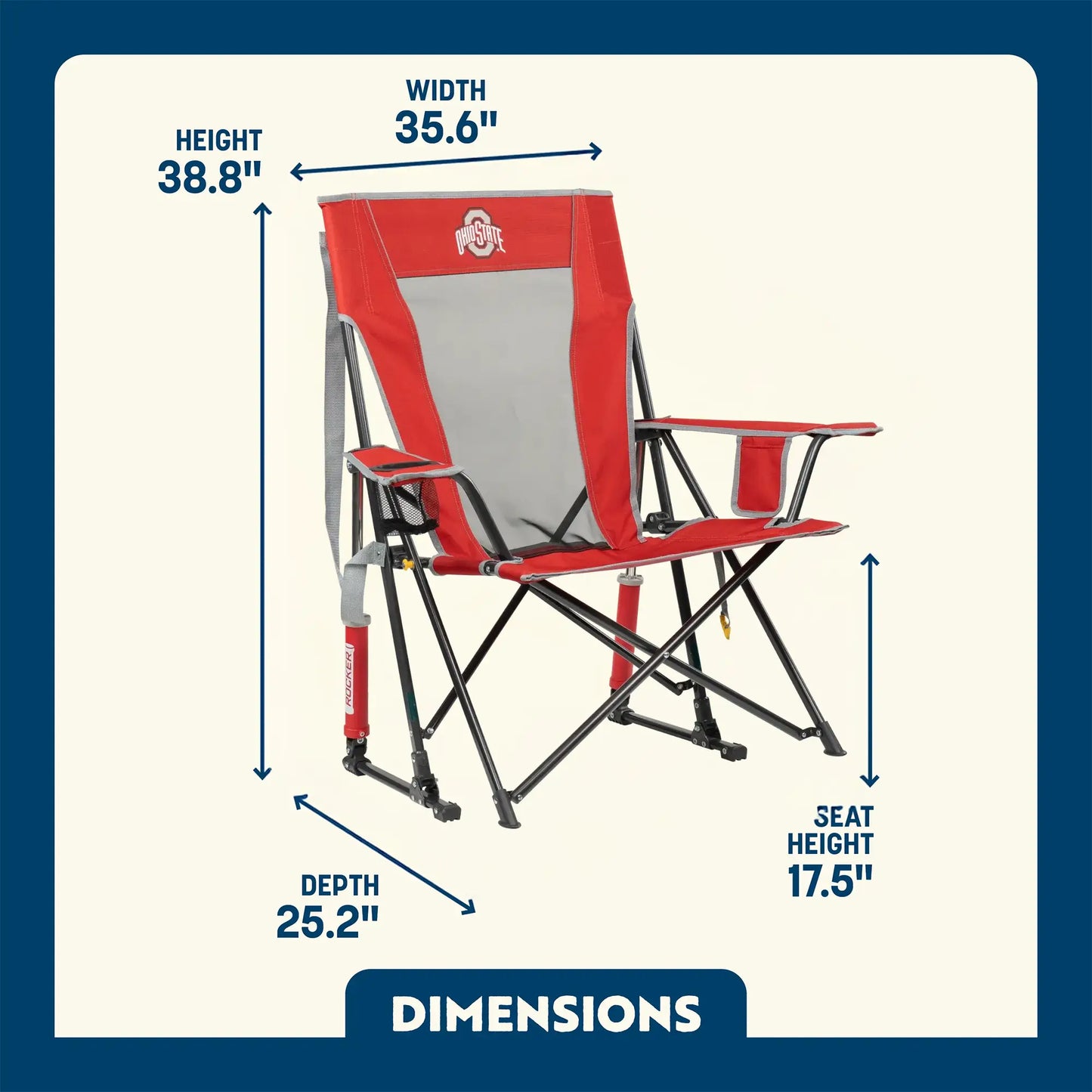 Patented Spring-Action College Comfort Pro Rocker - Ohio State Buckeyes - Choice 676 - RoadTrip Rocker Smooth Motion Camp Chair Detail