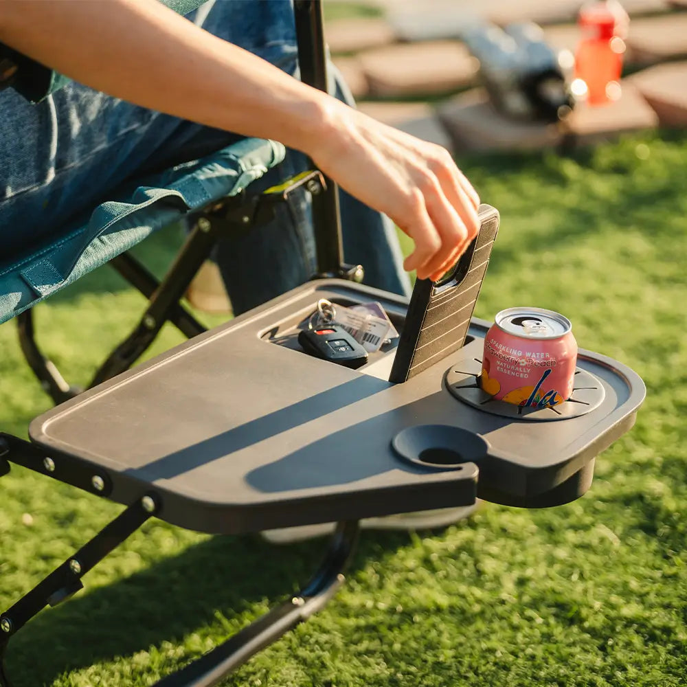 Premium All-Weather Stowaway Rocker with Side Table - Choice 253 - Heavy-Duty Kickback Rocker with Beverage Holder Detail