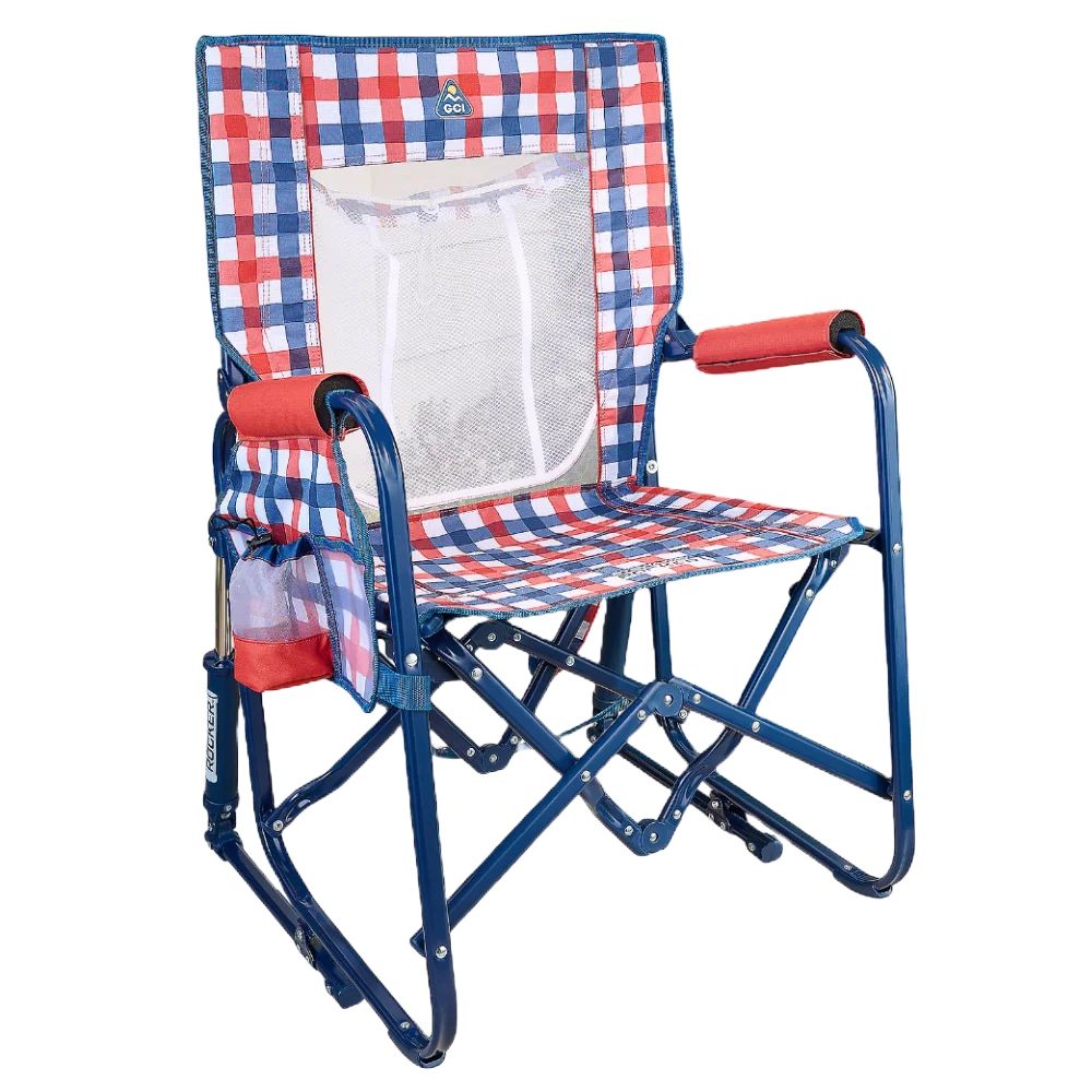 Luxury Camp Stowaway Rocker with Storage Pouch - Choice 573 - Patented Spring-Action Rocking Chair for Camping - Patriotic Plaid