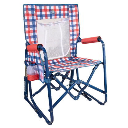 Luxury Camp Stowaway Rocker with Storage Pouch - Choice 573 - Patented Spring-Action Rocking Chair for Camping - Patriotic Plaid
