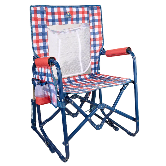 Luxury Camp Stowaway Rocker with Storage Pouch - Choice 573 - Patented Spring-Action Rocking Chair for Camping - Patriotic Plaid