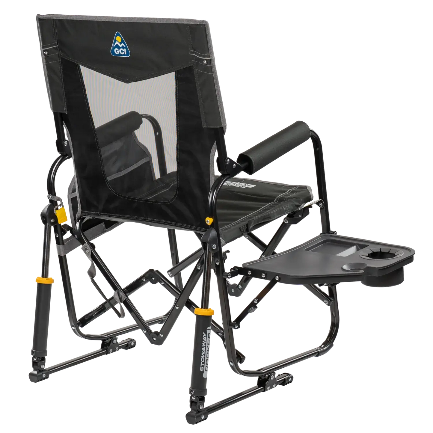 Premium All-Weather Stowaway Rocker with Side Table - Choice 253 - Heavy-Duty Kickback Rocker with Beverage Holder Detail