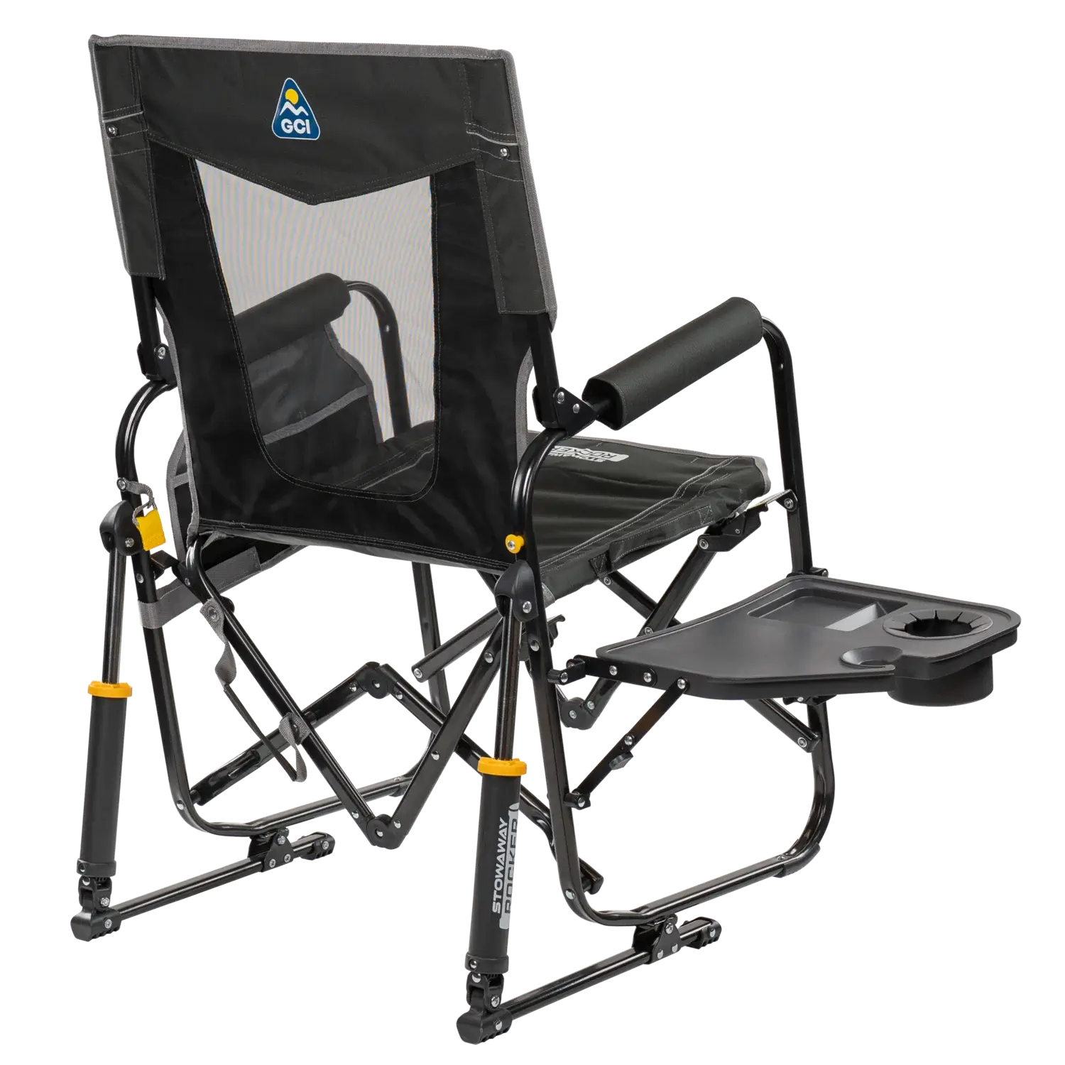 Premium All-Weather Stowaway Rocker with Side Table - Choice 253 - Heavy-Duty Kickback Rocker with Beverage Holder Detail