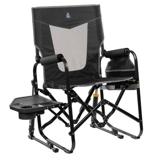 Premium All-Weather Stowaway Rocker with Side Table - Choice 253 - Heavy-Duty Kickback Rocker with Beverage Holder - Dark Charcoal