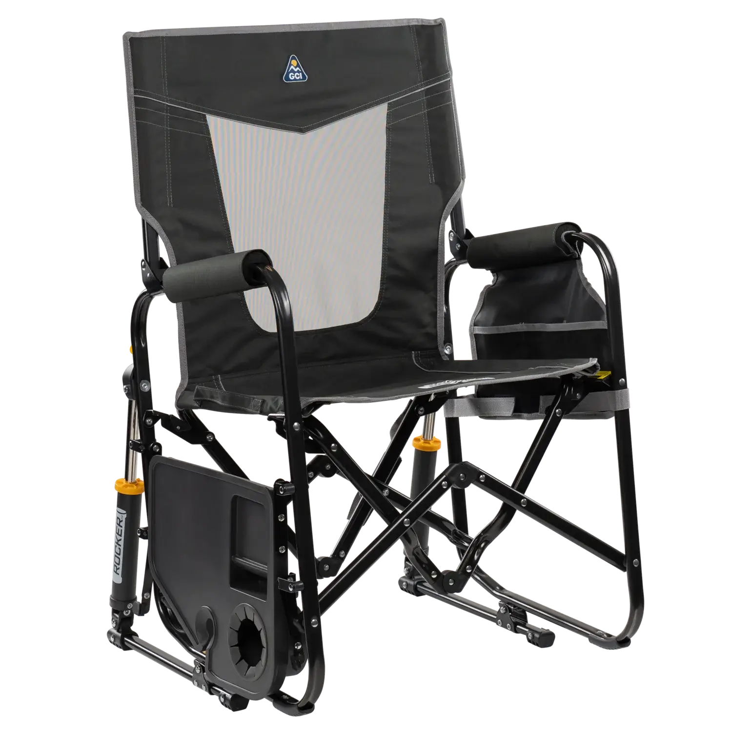 Premium All-Weather Stowaway Rocker with Side Table - Choice 253 - Heavy-Duty Kickback Rocker with Beverage Holder Detail