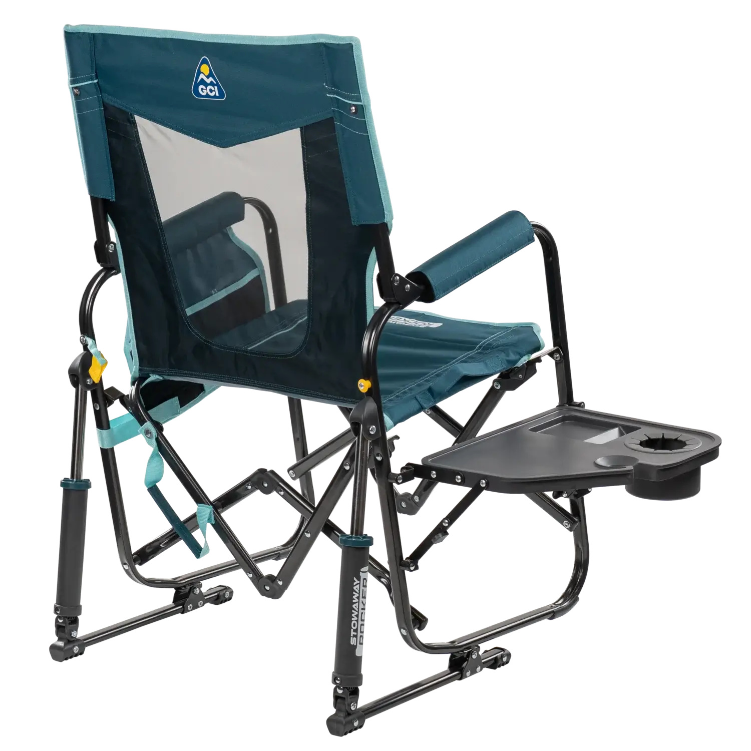 Premium All-Weather Stowaway Rocker with Side Table - Choice 253 - Heavy-Duty Kickback Rocker with Beverage Holder Detail