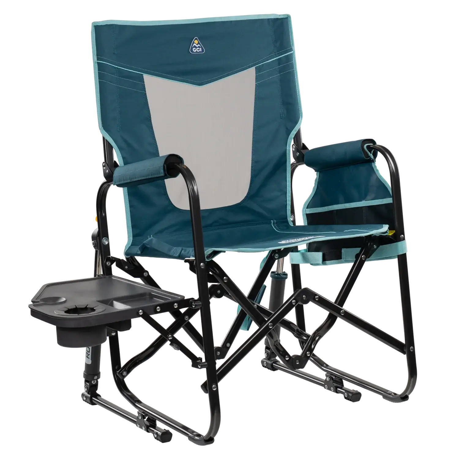Premium All-Weather Stowaway Rocker with Side Table - Choice 253 - Heavy-Duty Kickback Rocker with Beverage Holder - Teal