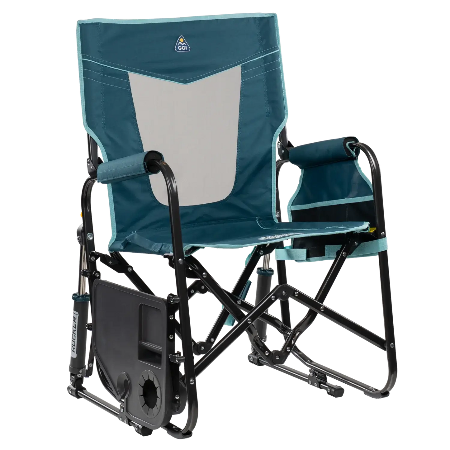 Premium All-Weather Stowaway Rocker with Side Table - Choice 253 - Heavy-Duty Kickback Rocker with Beverage Holder Detail
