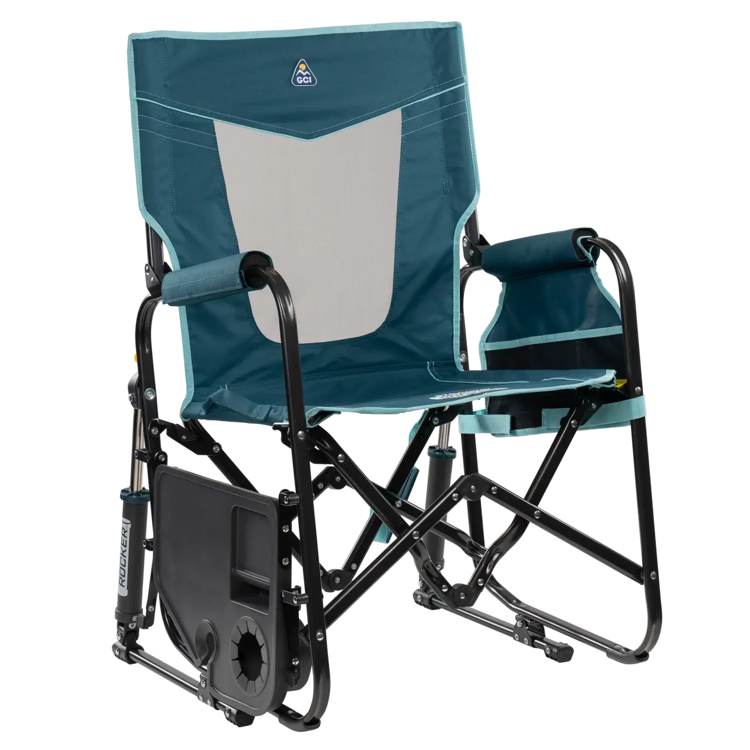 Premium All-Weather Stowaway Rocker with Side Table - Choice 253 - Heavy-Duty Kickback Rocker with Beverage Holder Detail